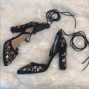 Embroidered floral black heels